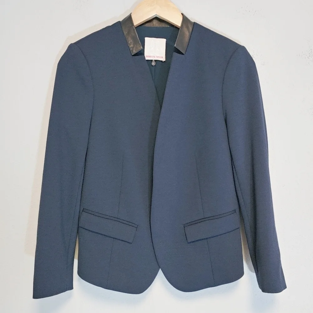 Rebecca Taylor Navy and Black Blazer with Lamb Leather Collar Sz 6 Contemporary